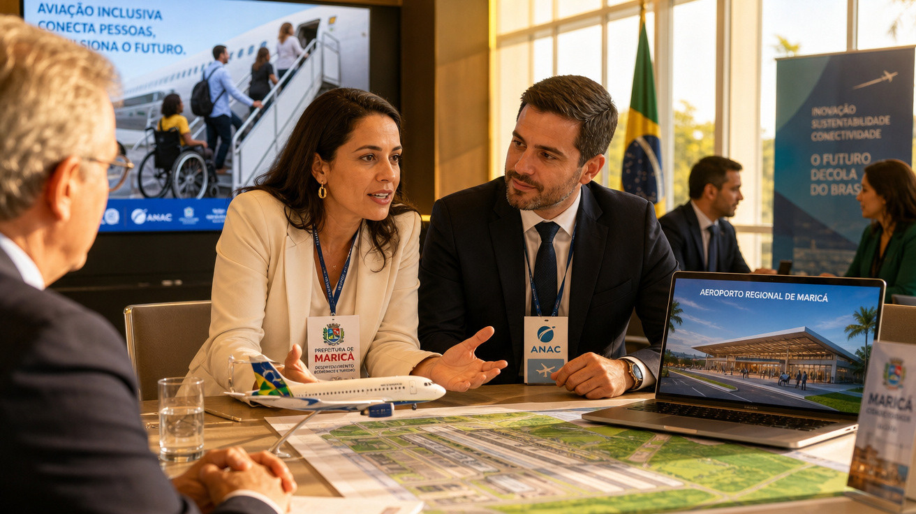 Três pessoas em reunião discutem projeto do Aeroporto Regional de Maricá com maquete e laptop na mesa.