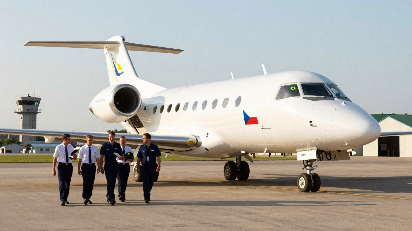 Avião branco estacionado no aeroporto com cinco tripulantes caminhando no pátio.