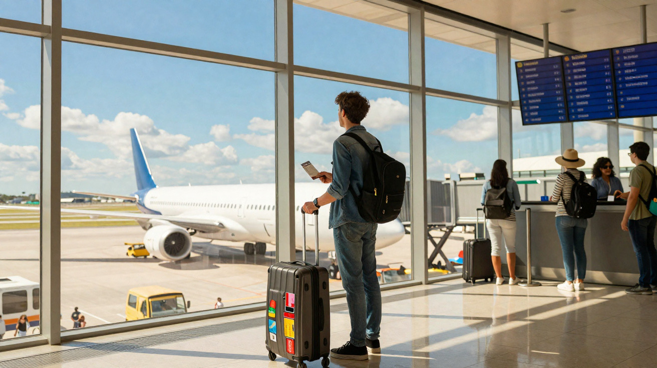 Homem com mochila e mala observa avião do portão de embarque em aeroporto com outras pessoas ao fundo.