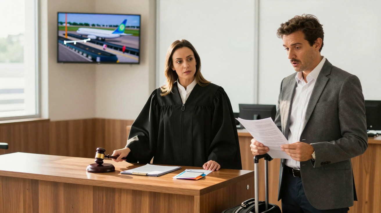 Juíza em tribunal com martelo ao lado de homem lendo documentos com mala em ambiente moderno.