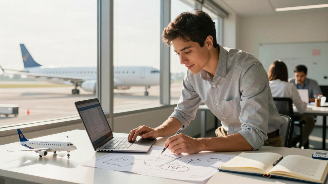 Jovem em escritório com maquete de avião, notebook e plantas de projeto, com avião ao fundo na pista.