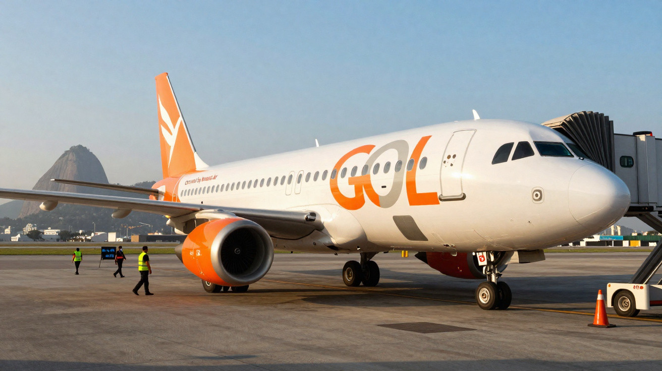 Avião da Gol estacionado no aeroporto com o Pão de Açúcar ao fundo em dia ensolarado.