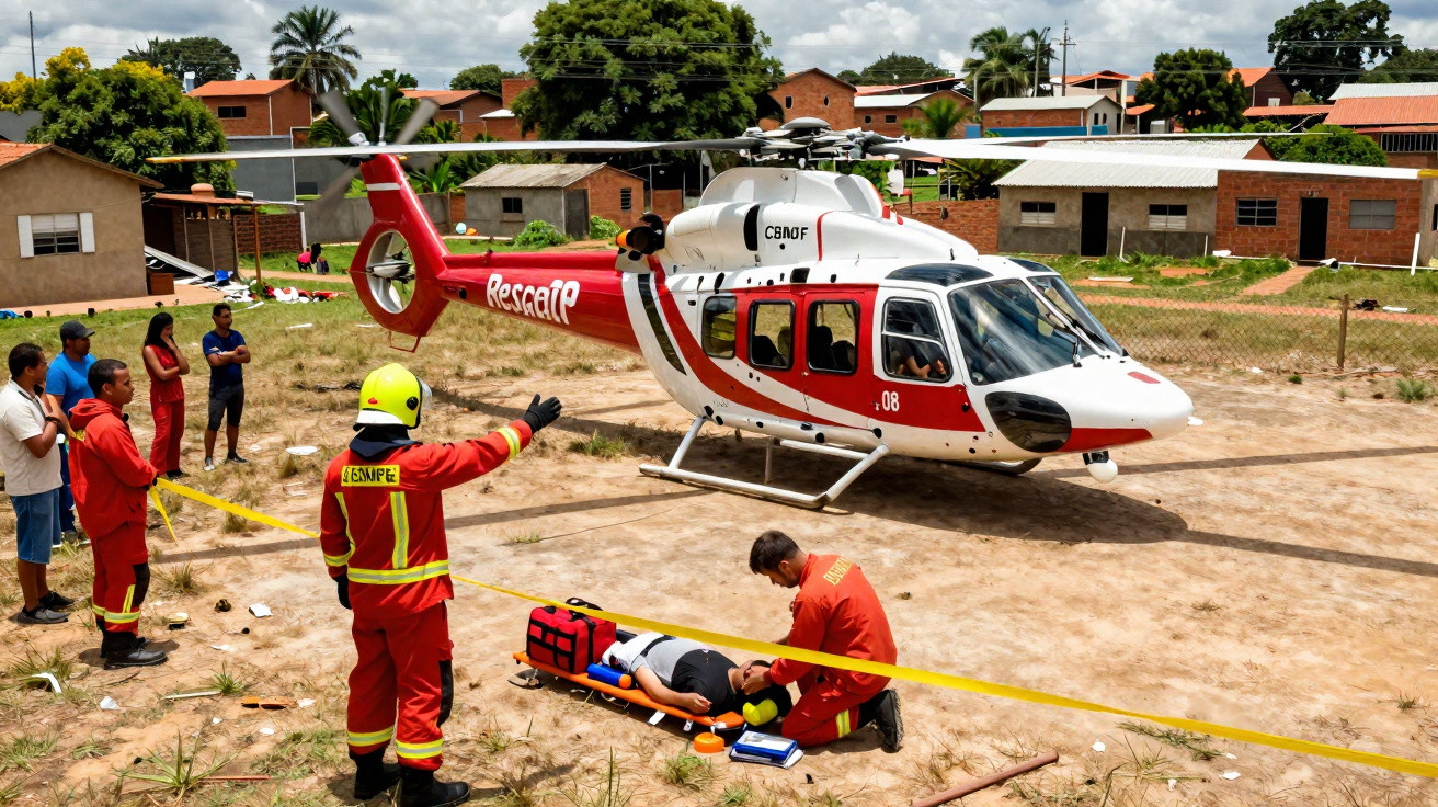 Equipe de resgate atende vítima deitada em maca ao lado de helicóptero de resgate em área aberta.
