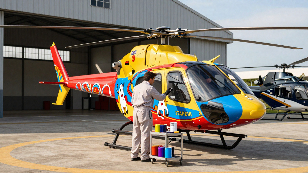 Homem pinta helicóptero colorido com personagens animados no heliponto de hangar.