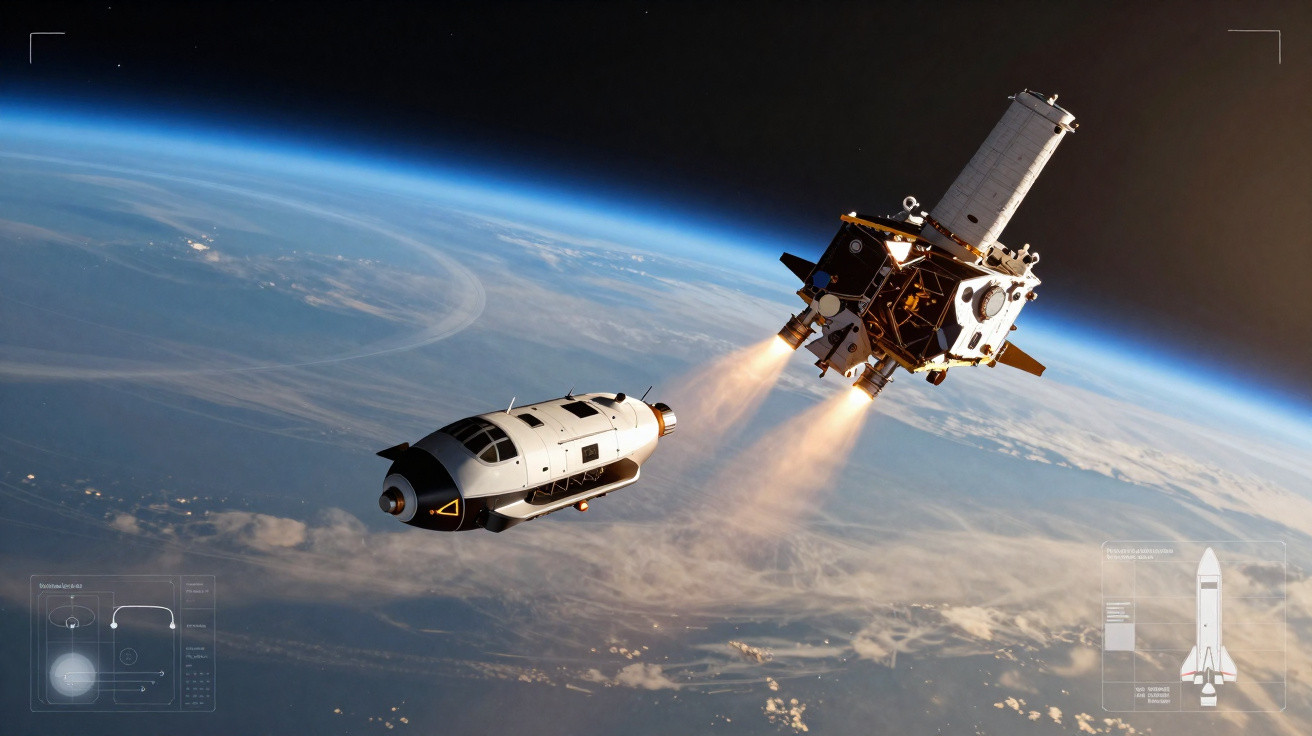 Nave espacial se separando de estação orbitando a Terra com vista da atmosfera e espaço ao fundo.