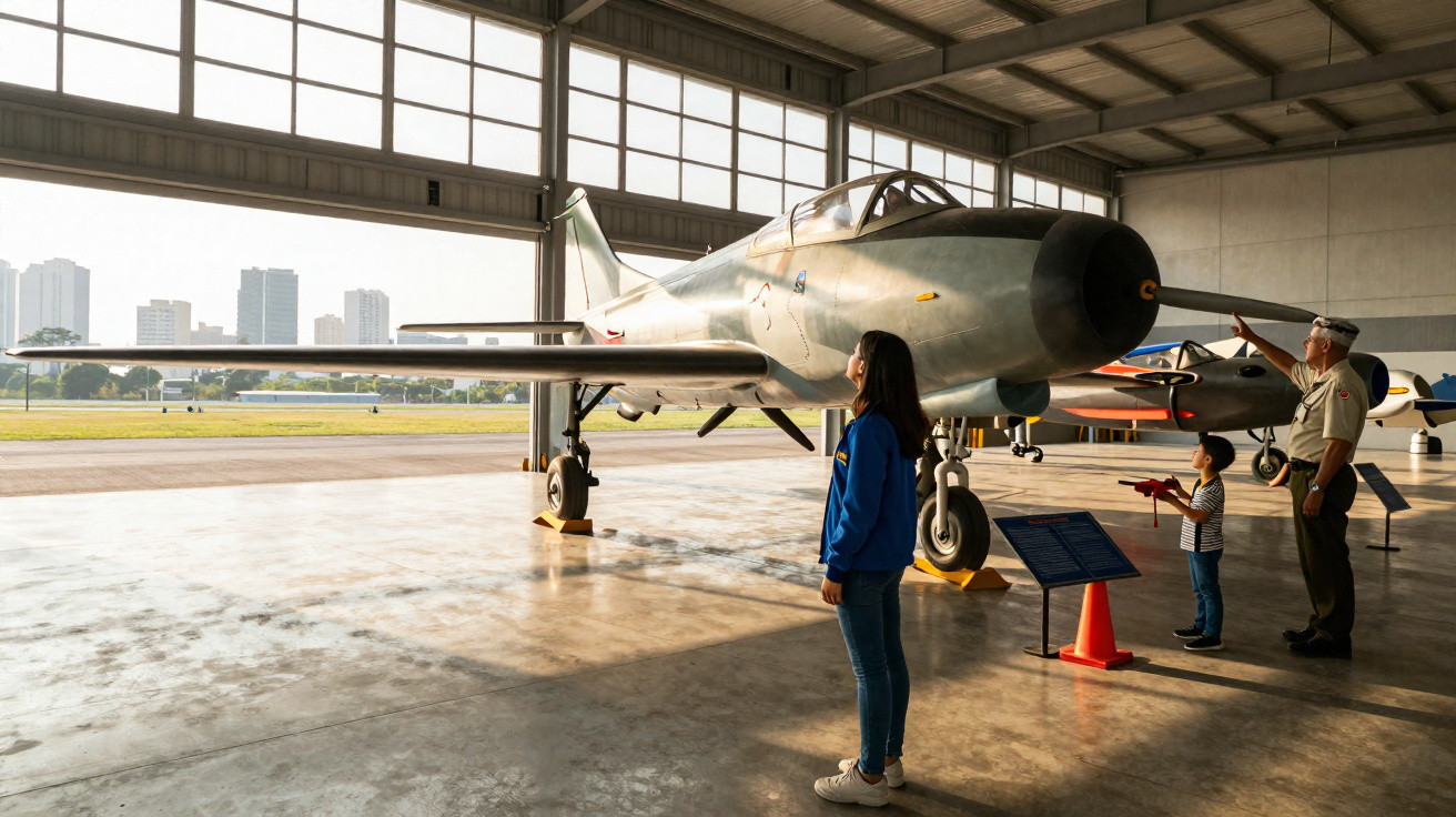 Criança, adolescente e militar observam avião antigo exposto em hangar com vista para a cidade ao fundo.