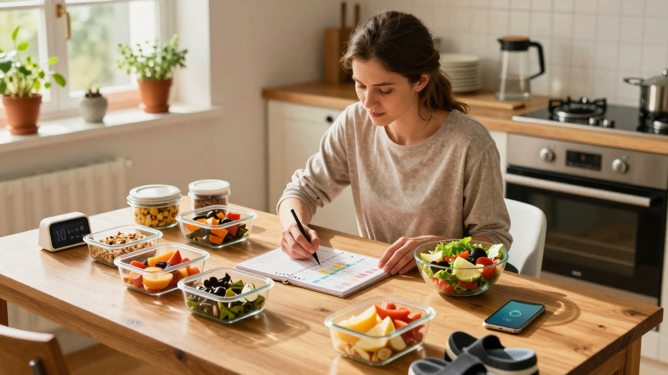 Mulher planejando refeições saudáveis com frutas e legumes em potes, sentada à mesa na cozinha.
