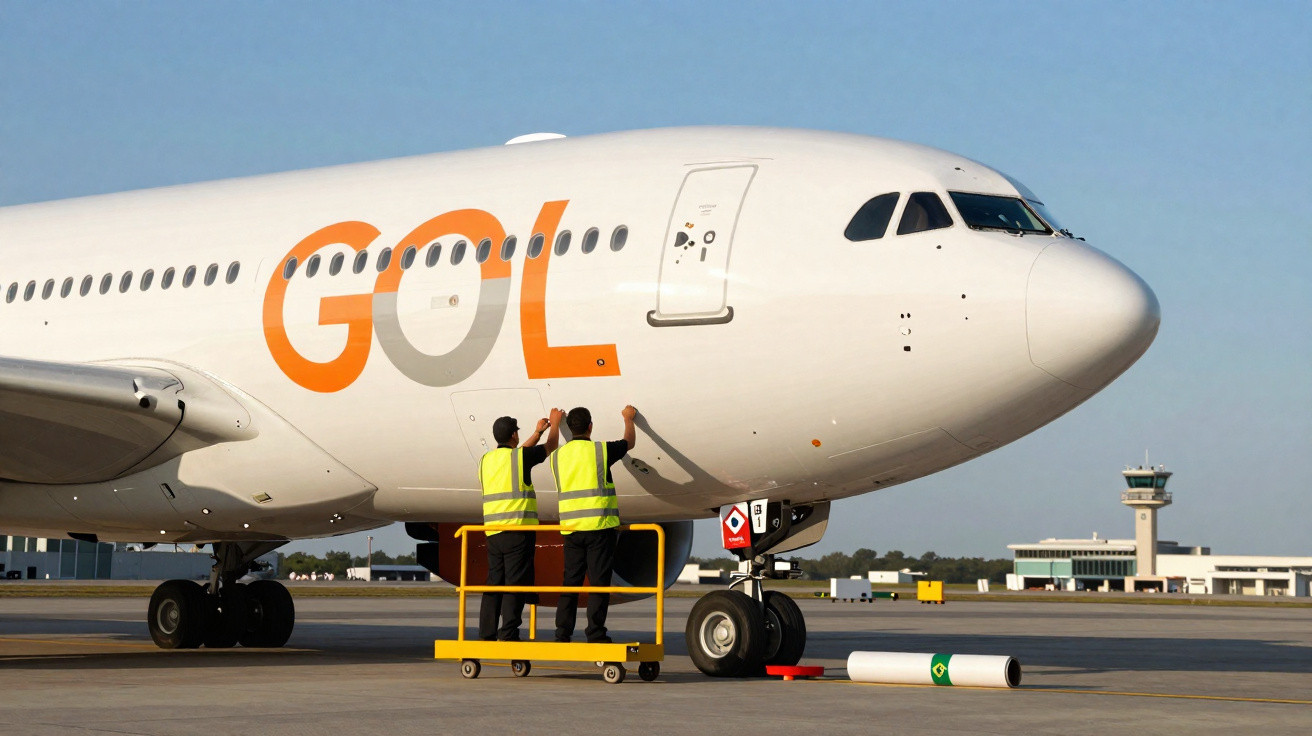 Dois funcionários em coletes refletivos verificam a parte frontal de um avião da Gol no aeroporto durante o dia.