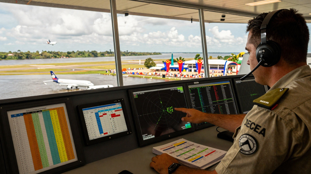 Controlador aéreo operando radares com avião taxiando e outro decolando ao fundo em torre de controle.