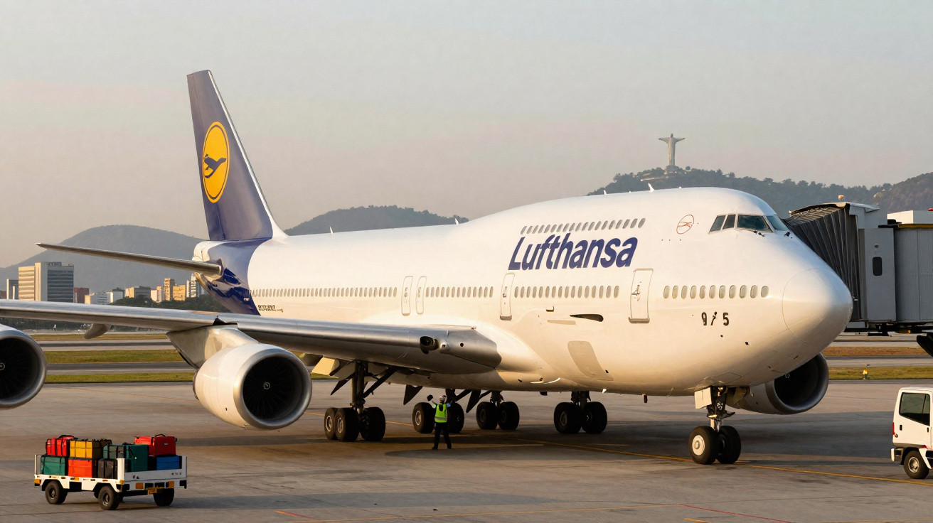 Avião Lufthansa estacionado no aeroporto com o Cristo Redentor ao fundo durante o entardecer.