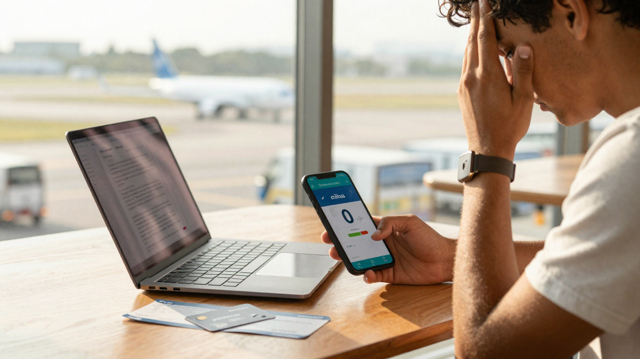 Homem preocupado olhando celular com tela de finanças, ao lado de laptop e cartões em mesa próxima a janela do aeroporto.