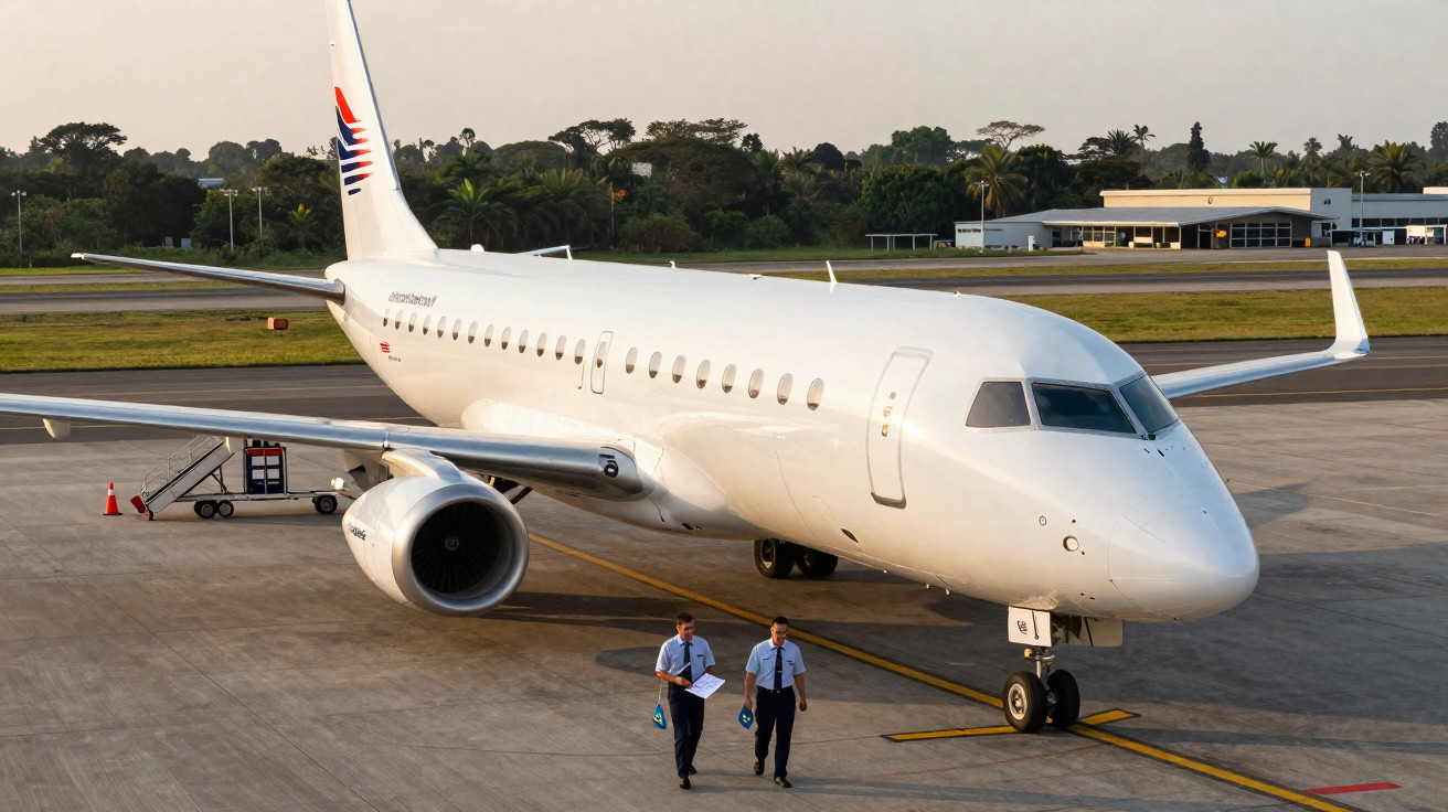 Avião branco estacionado no aeroporto com dois pilotos caminhando no pátio ao entardecer.
