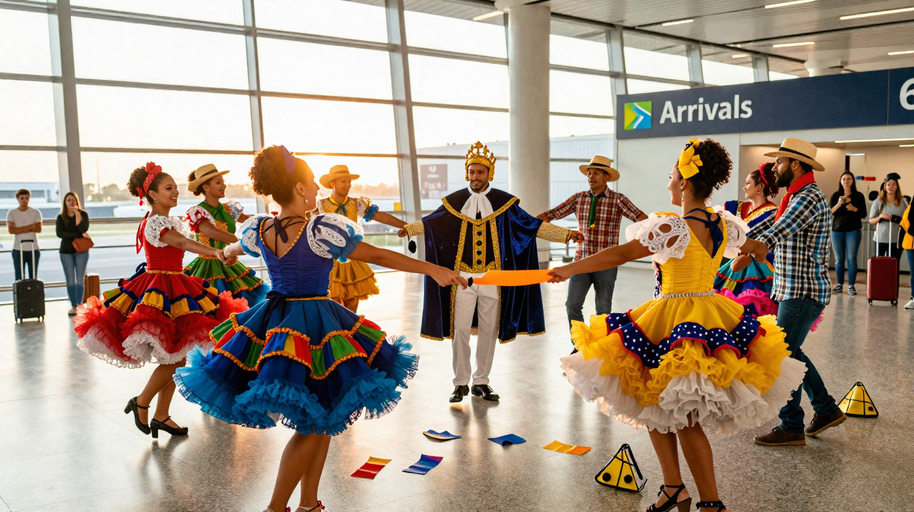 Grupo de pessoas em trajes típicos nordestinos dançando em círculo no aeroporto na área de desembarque.