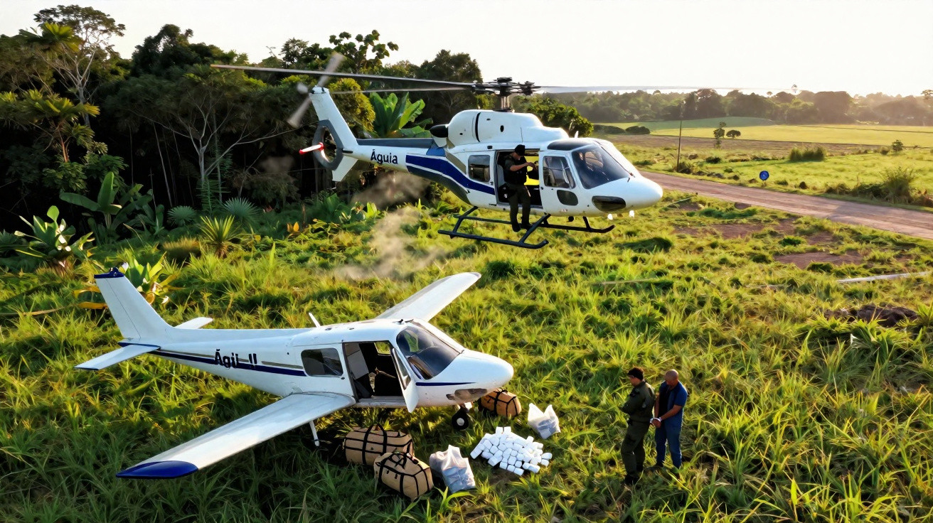 Helicóptero e avião da polícia próximos, com evidências retiradas no chão de área gramada e dois policiais.