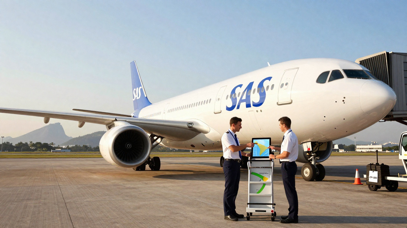 Dois pilotos da SAS conferem um mapa em laptop diante de avião parado na pista do aeroporto.