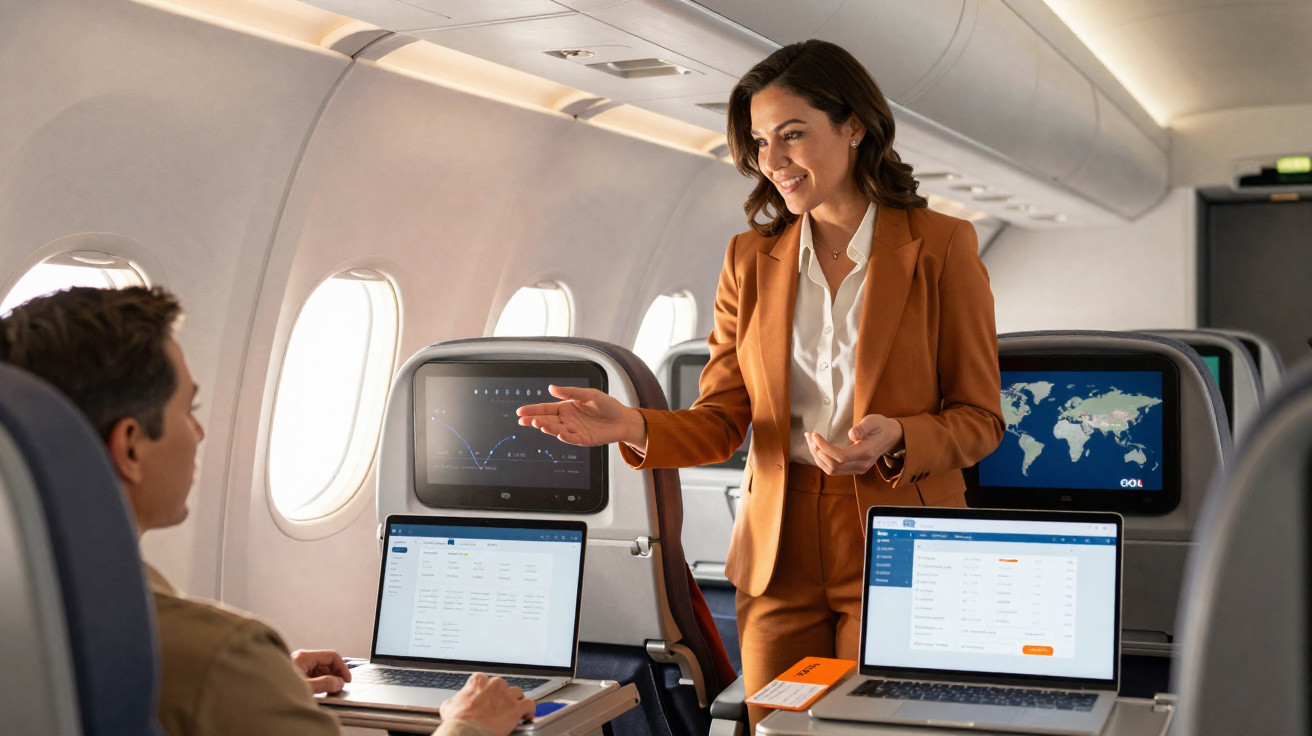 Mulher de terno marrom apresenta dados em laptop para homem em poltrona de avião moderno.