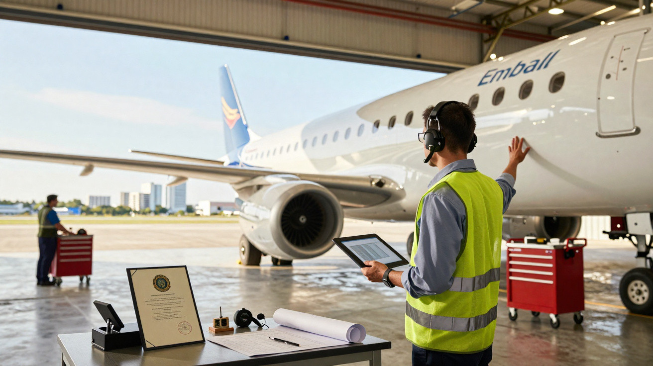 Técnico de manutenção inspeciona avião Embraer em hangar com tablet, equipamentos e documentos na mesa próxima.