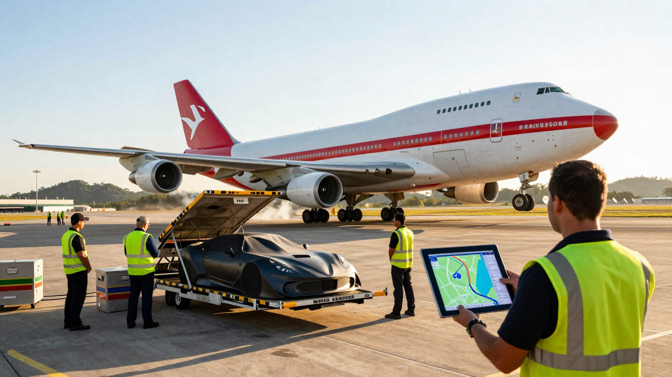 Funcionários com coletes refletores preparam carga de carro esportivo para embarque diante de avião no aeroporto.