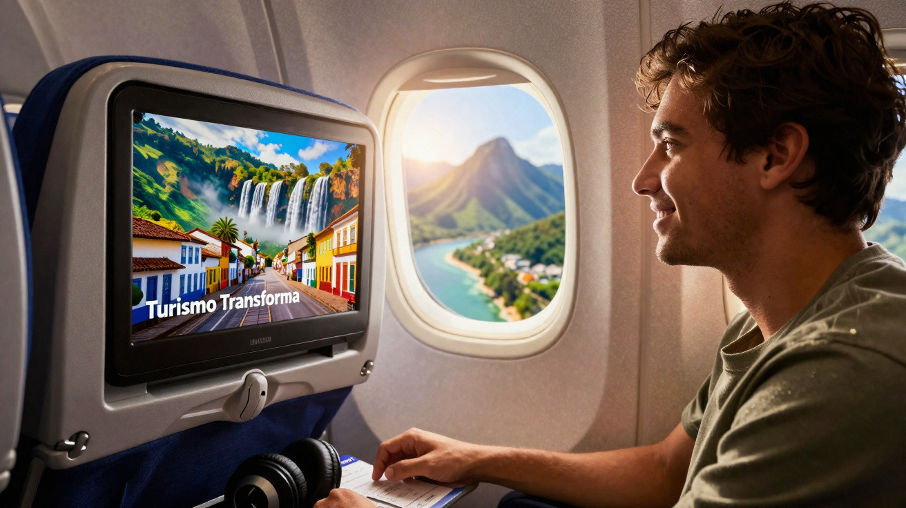 Homem sorridente olhando pela janela do avião com tela mostrando cenas de turismo e mensagem Turismo Transforma.