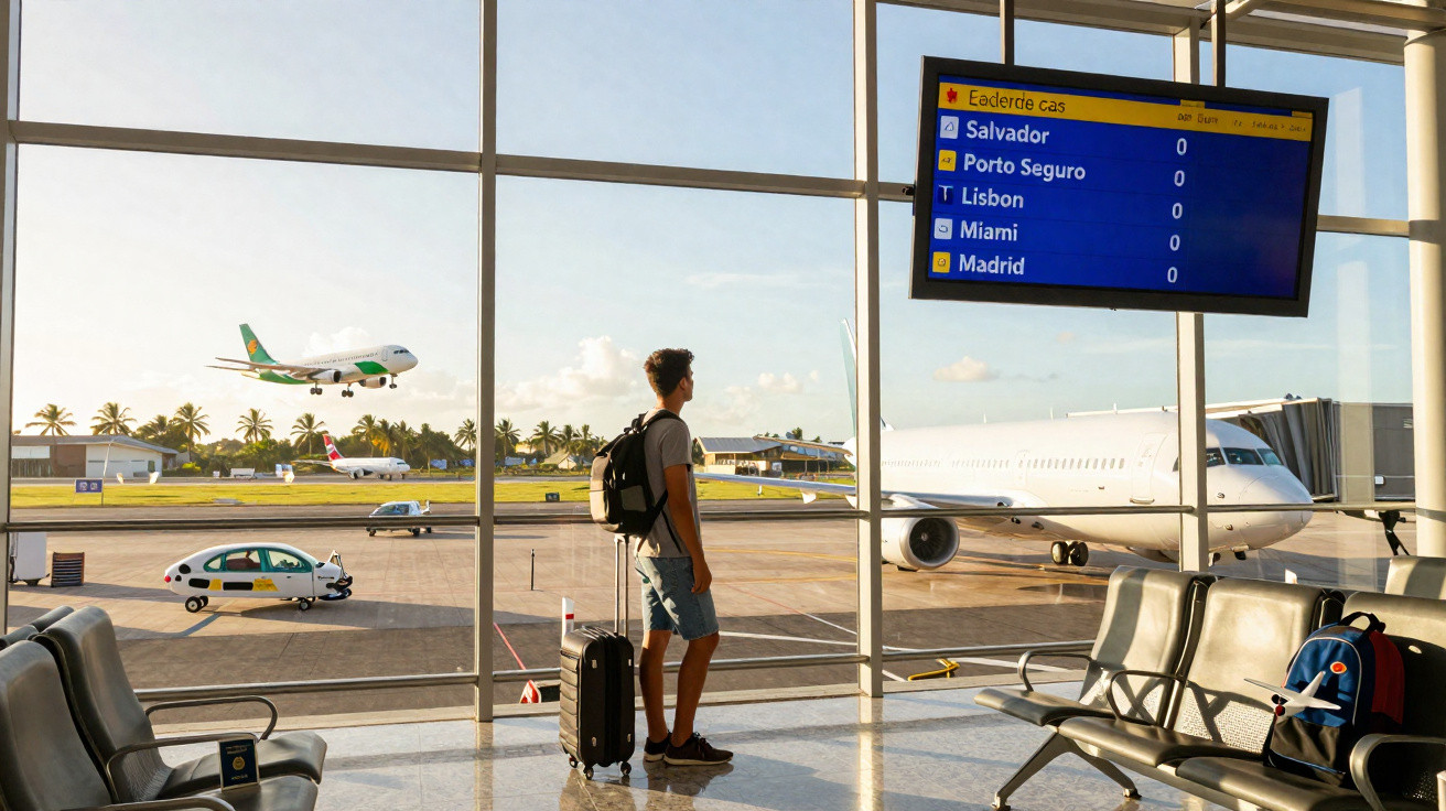 Homem com mochila e mala observa avião pousando na sala de embarque de aeroporto com destinos no painel.