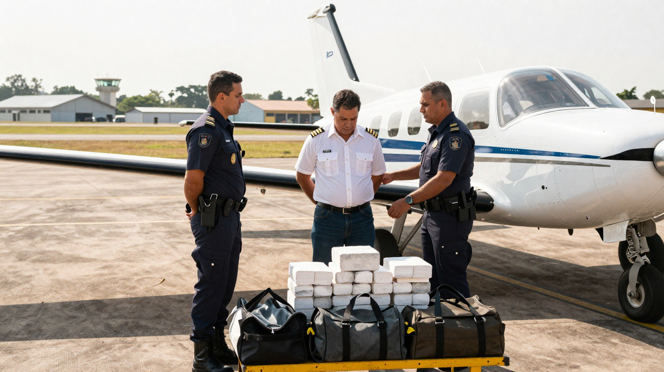 Dois policiais prendem homem em uniforme de piloto ao lado de avião e mala com pacotes retangulares.