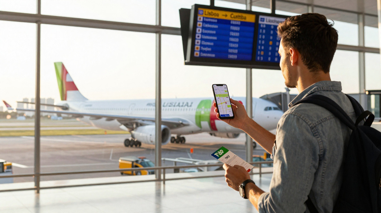 Homem com mochila segura celular e bilhete no aeroporto, avião TAP estacionado e painel de voos ao fundo.