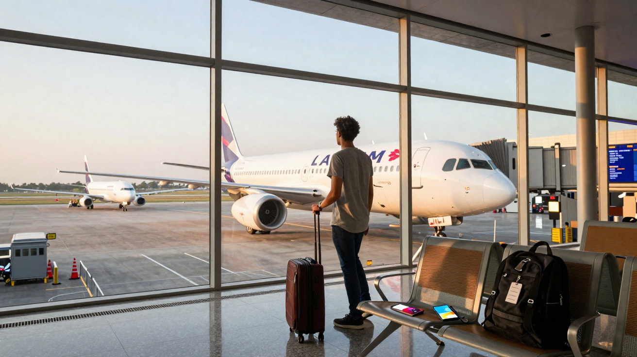 Homem com mala observando avião da Latam no portão de embarque em aeroporto ao pôr do sol.