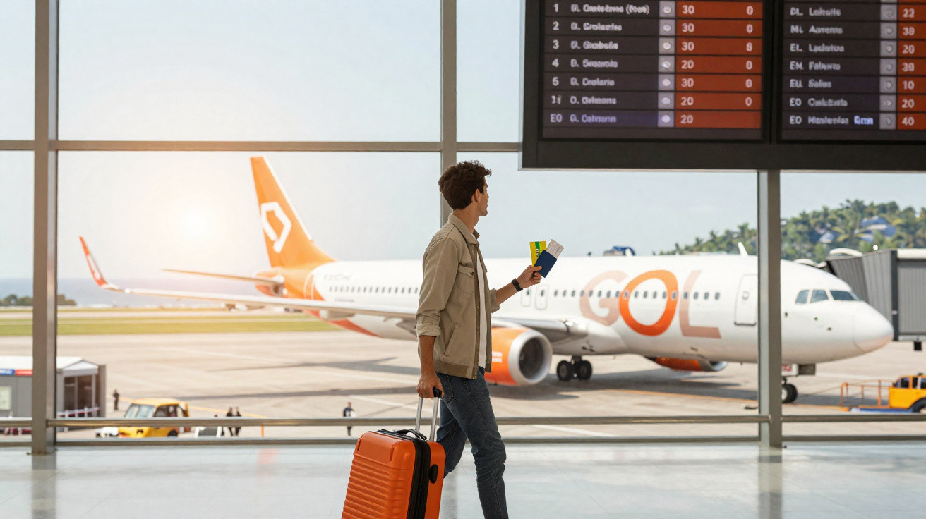 Homem com mala laranja e passaporte olha para o painel de voos no aeroporto com avião da Gol ao fundo.