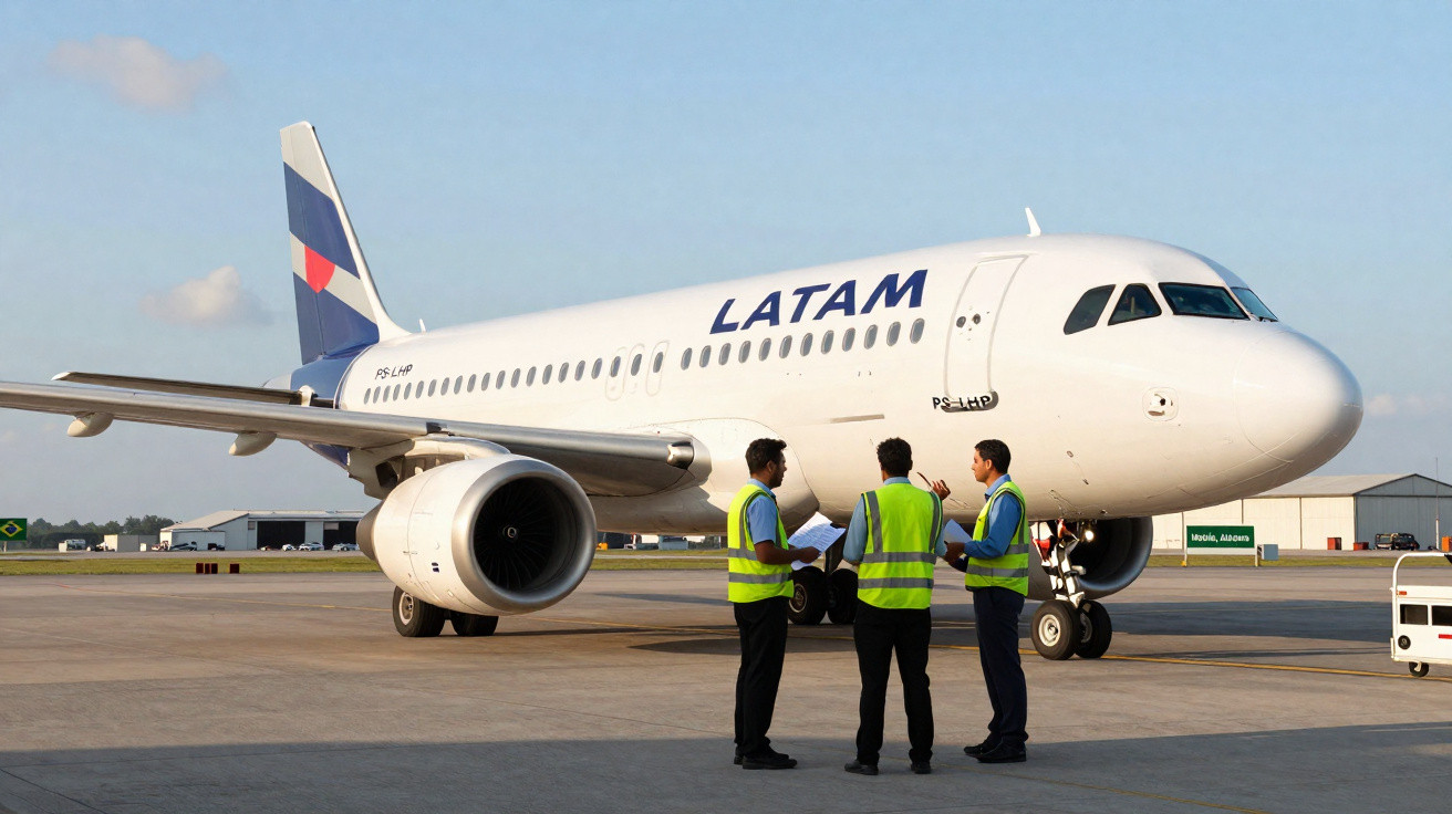 Avião da LATAM estacionado no aeroporto com três funcionários de colete refletivo conversando.