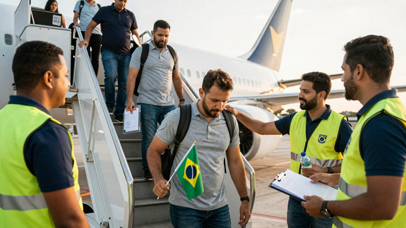 Passageiros desembarcando de avião e sendo recebidos por funcionários com coletes refletivos em aeroporto.