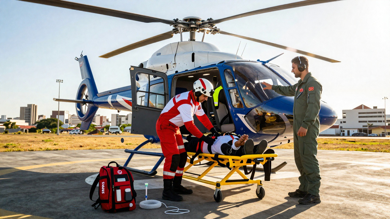 Equipe médica transferindo paciente para helicóptero de resgate em heliponto urbano durante o dia.