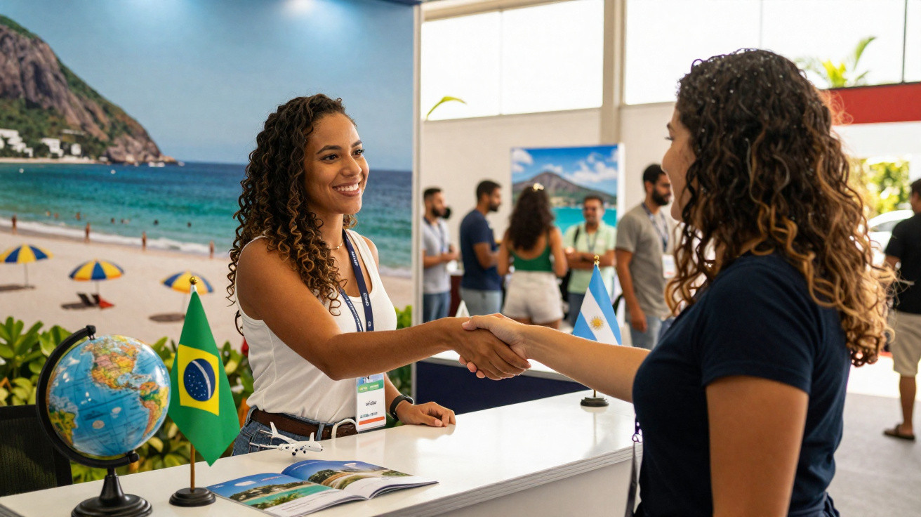 Duas mulheres se cumprimentam com aperto de mãos em evento, com bandeiras do Brasil e Argentina na mesa.