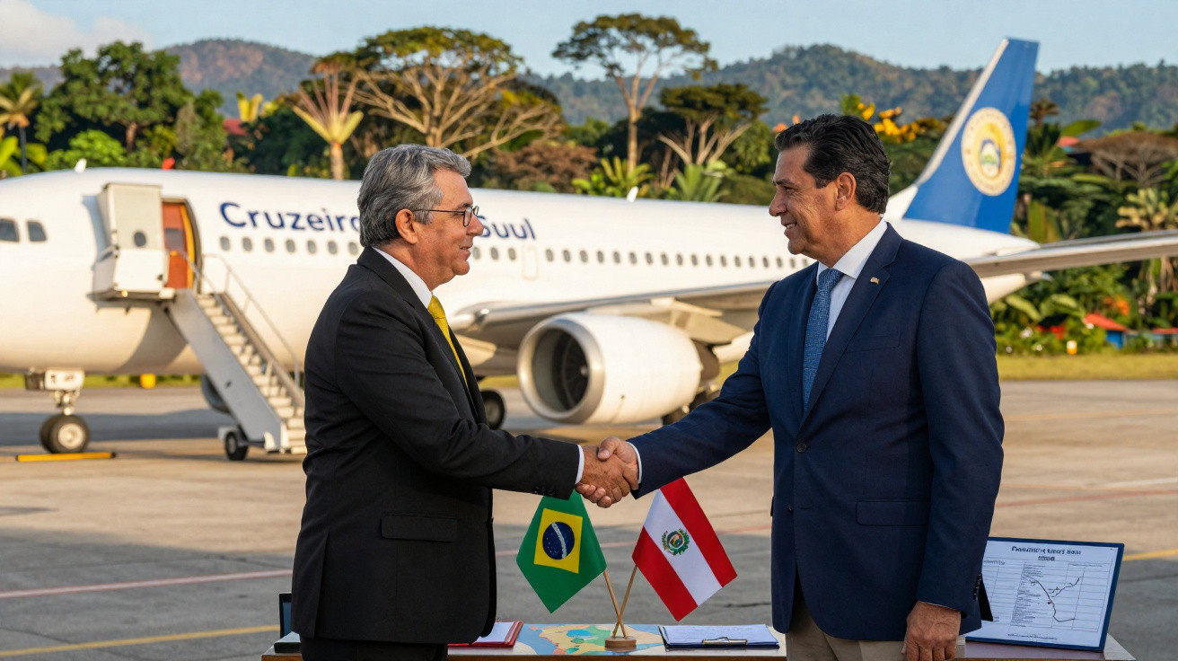 Dois homens em terno apertam as mãos em aeroporto, com bandeiras do Brasil e Paraguai e avião ao fundo.