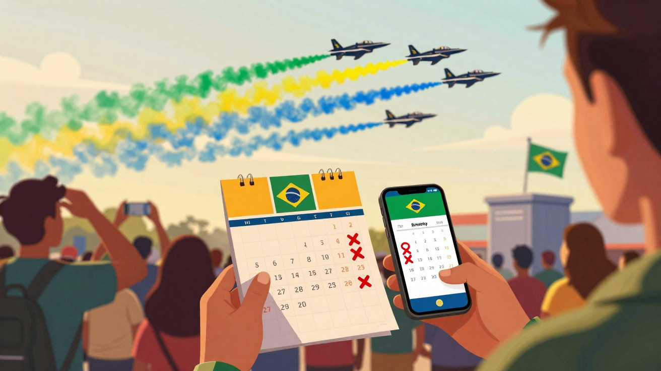 Pessoa segurando calendário e celular com datas marcadas, enquanto jatos da aeronáutica formam a bandeira do Brasil no céu.