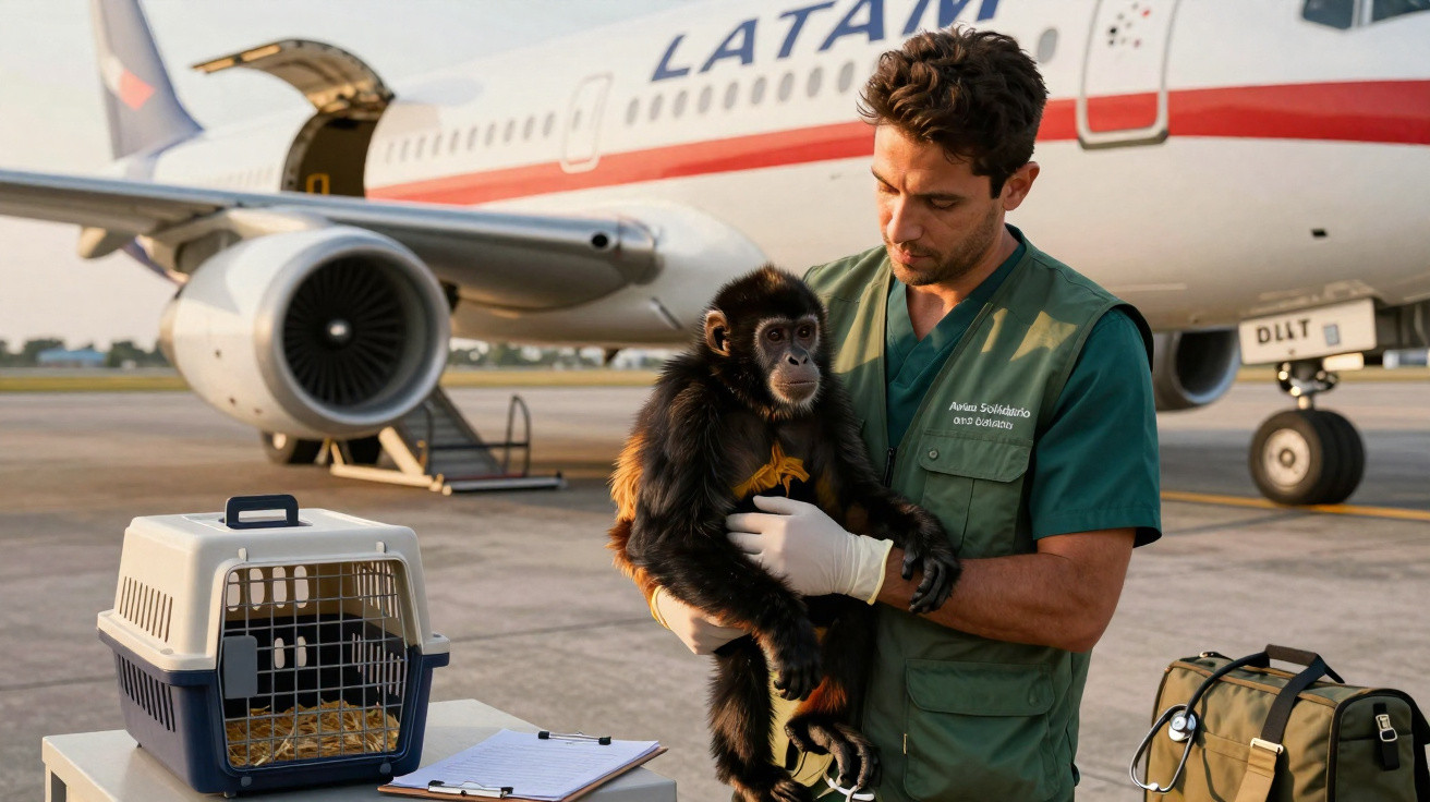 Homem com uniforme verde segura macaco-prego próximo a avião da LATAM em aeroporto ao pôr do sol