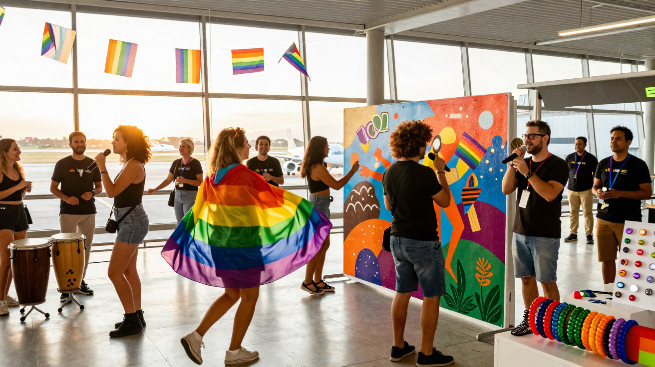 Grupo jovem celebra evento LGBTQIA+ em ambiente interno com bandeiras e mural colorido ao fundo.