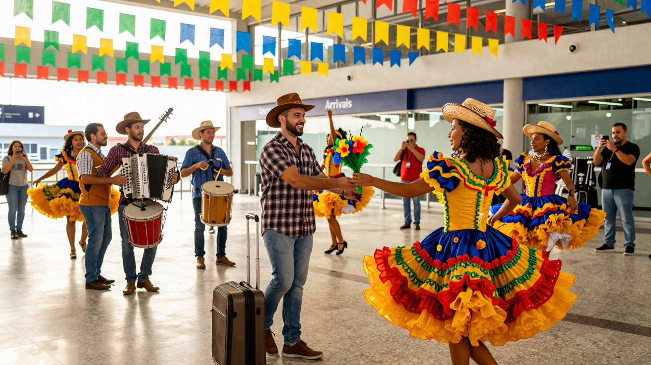 Homem com chapéu oferece flores para mulher em vestido colorido durante festa junina decorada em aeroporto.