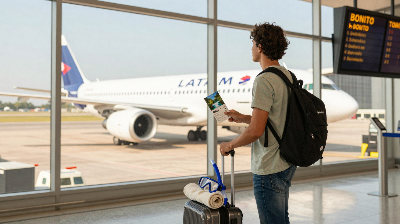 Homem com mochila e mala observa avião da LATAM no portão do aeroporto antes do embarque.