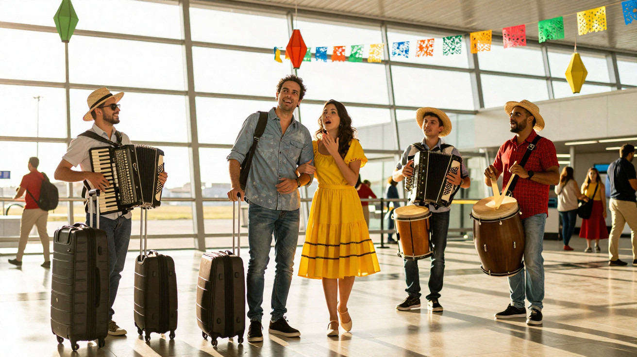 Casal de turistas em aeroporto animado por músicos com instrumentos típicos e decoração festiva colorida.