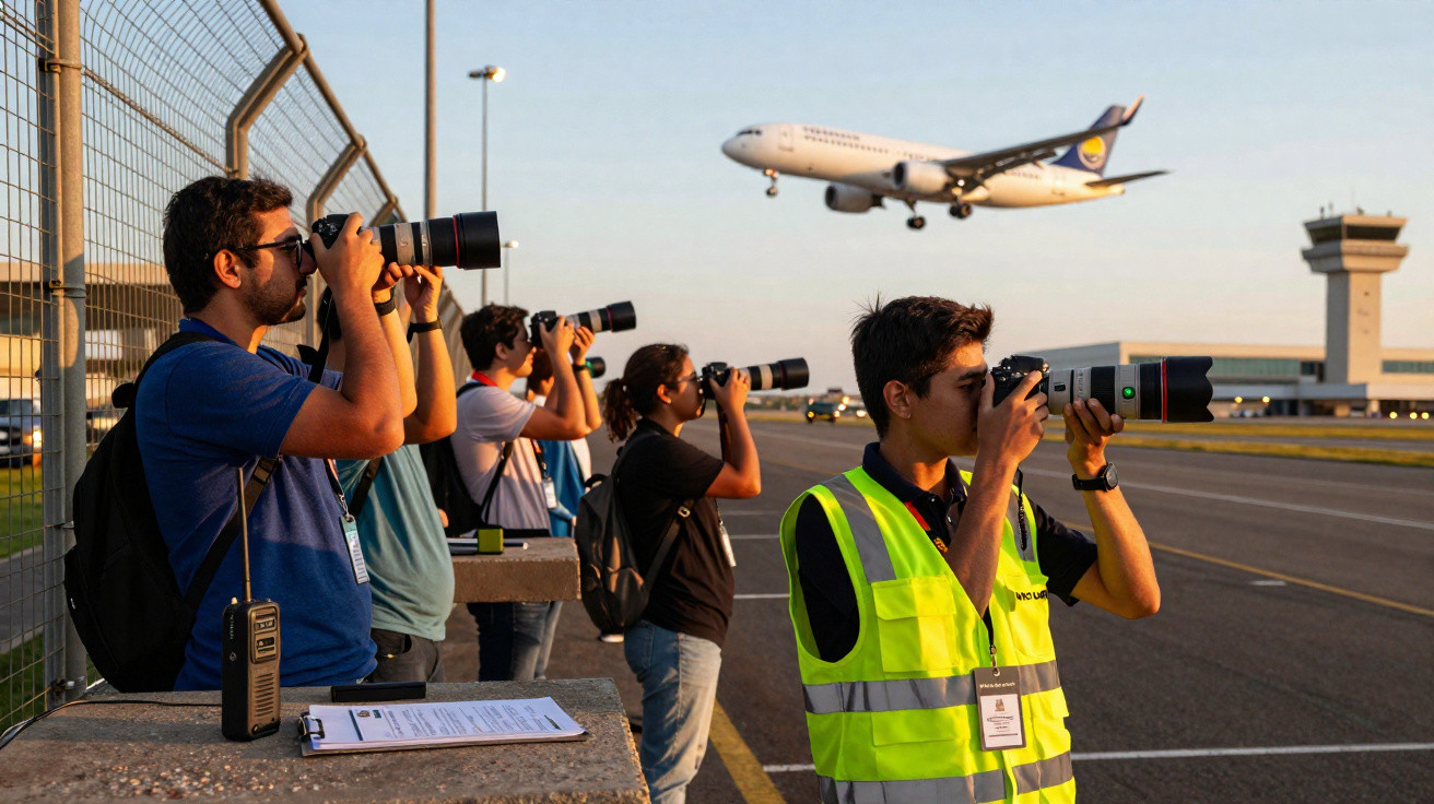 Fotógrafos em pista de aeroporto capturam imagem de avião da Lufthansa pousando no fim da tarde.