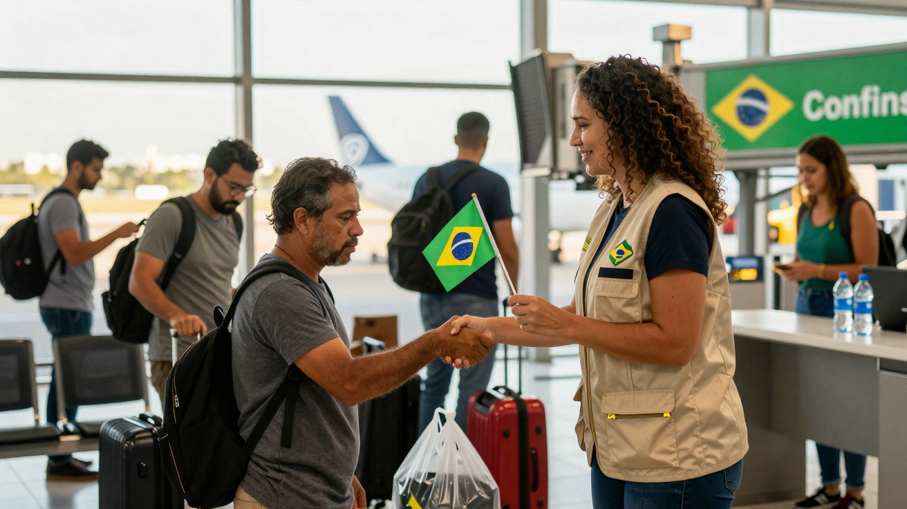 Homem cumprimenta funcionária de colete com bandeira do Brasil em saguão de aeroporto.