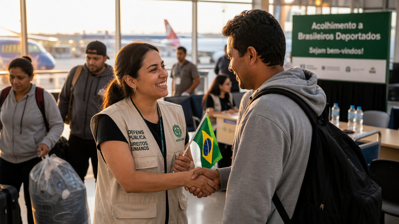 Mulher da Defensoria Pública cumprimenta homem com bandeira do Brasil em aeroporto no acolhimento a deportados.