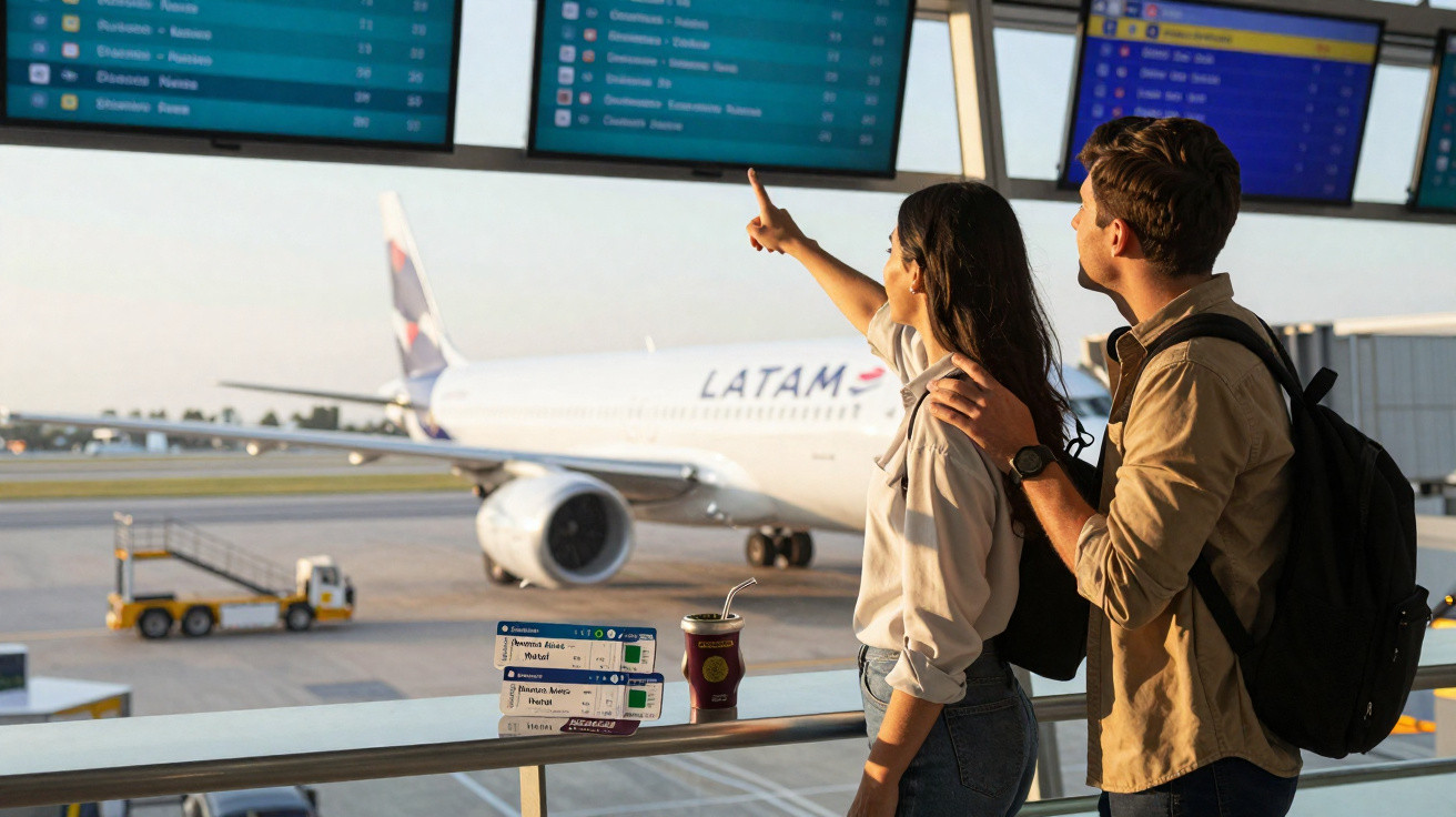 Casal em aeroporto consultando painel de voos com avião Latam estacionado ao fundo.