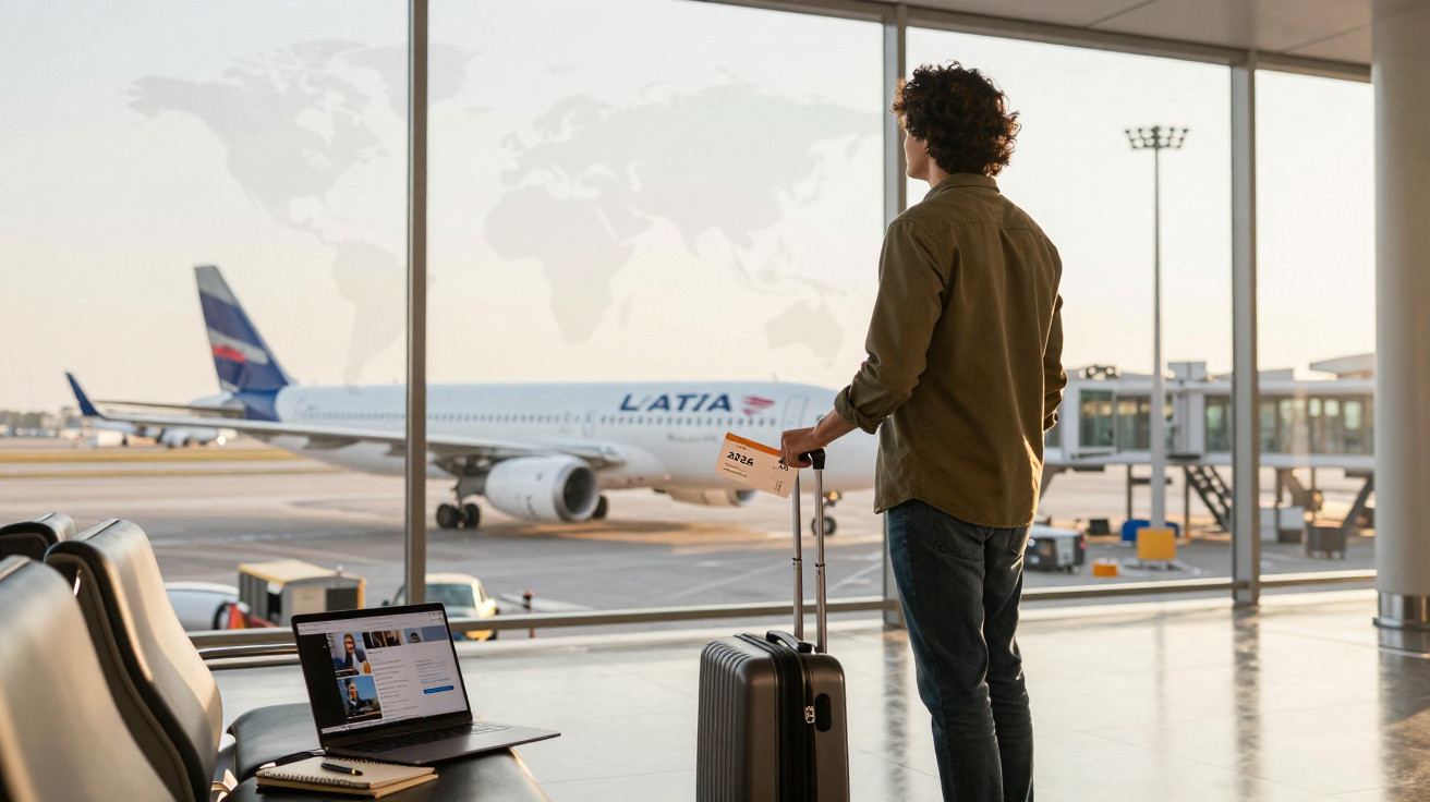 Homem com mala e passagem observa avião no aeroporto perto de janela panorâmica.