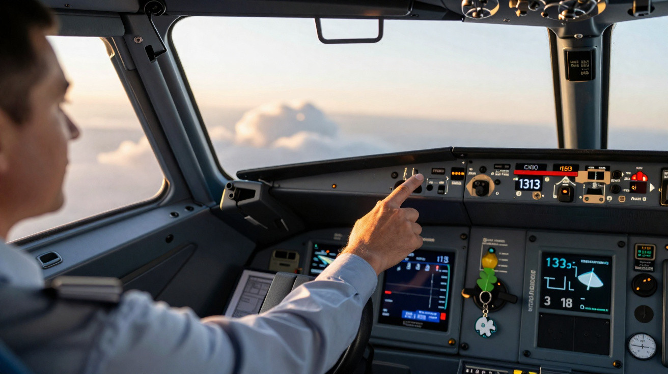Piloto masculino operando instrumentos e controles no cockpit de avião durante voo com céu claro ao fundo.