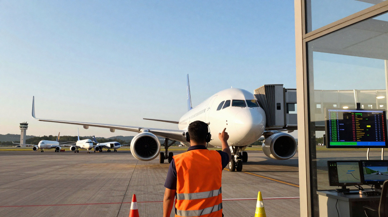 Funcionário de aeroporto com colete laranja orienta avião branco prestes a embarcar em portão.