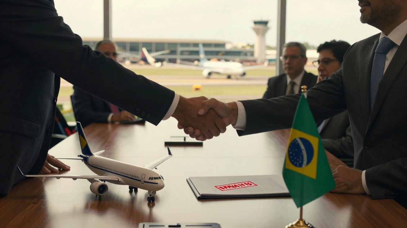Dois homens apertam as mãos em reunião com miniatura de avião, documento e bandeira do Brasil na mesa.