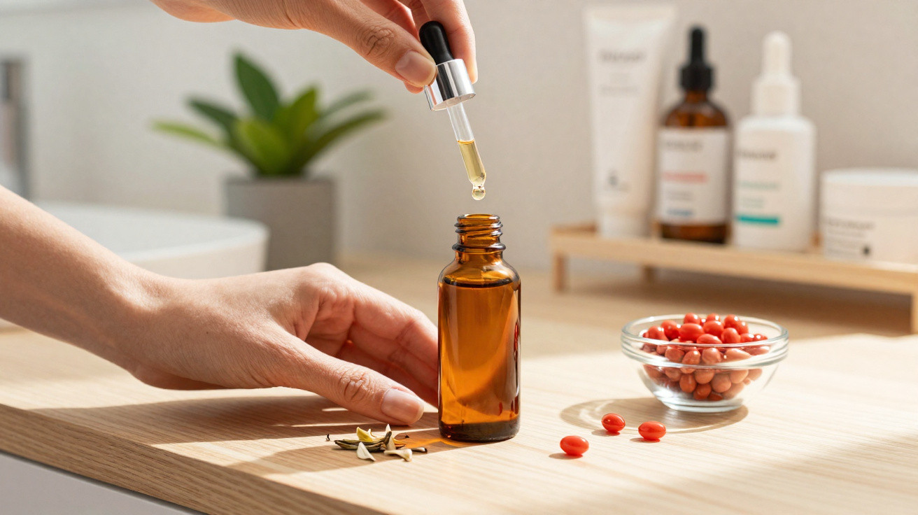 Mãos manipulando conta-gotas com líquido sobre frasco âmbar, cápsulas vermelhas e produtos de beleza ao fundo.