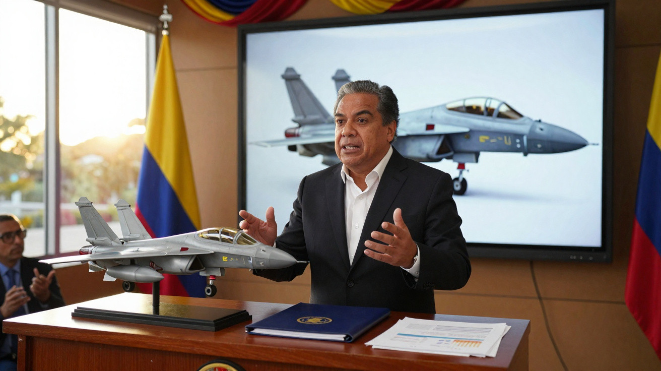 Homem fala em discurso ao lado de maquete de avião de combate com bandeira da Colômbia ao fundo.