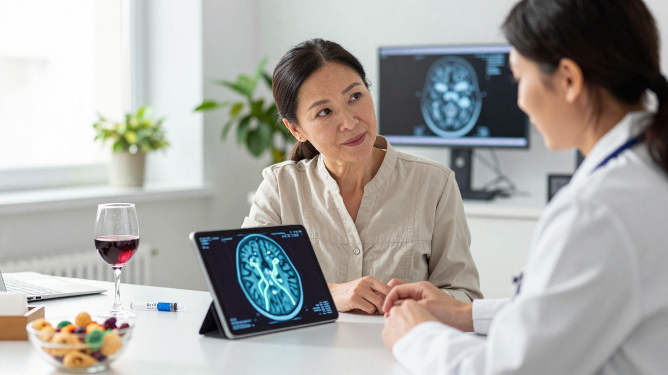 Paciente conversa com médica enquanto revisam exame cerebral em tablet na clínica.
